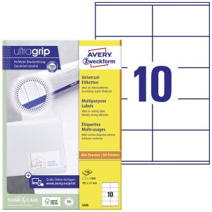 Avery-Zweckform 3425 Etykieta uniwersalna 105 x 57 mm Papier biały 1000 szt. Trwały Drukarka atramentowa, Drukarka Laser Avery-Zweckform 3425 Etykieta uniwersalna 105 x 57 mm Papier biały 1000 szt. Trwały Drukarka atramentowa, Drukarka Laser