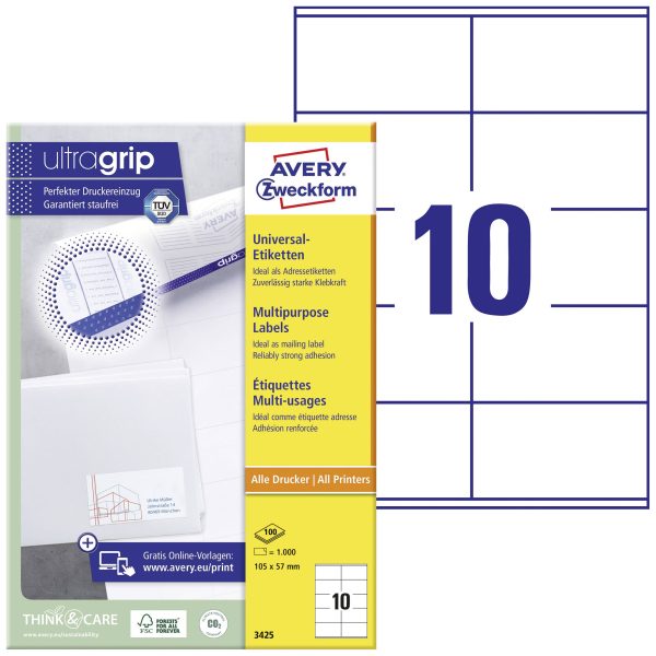 Avery-Zweckform 3425 Etykieta uniwersalna 105 x 57 mm Papier biały 1000 szt. Trwały Drukarka atramentowa, Drukarka Laser