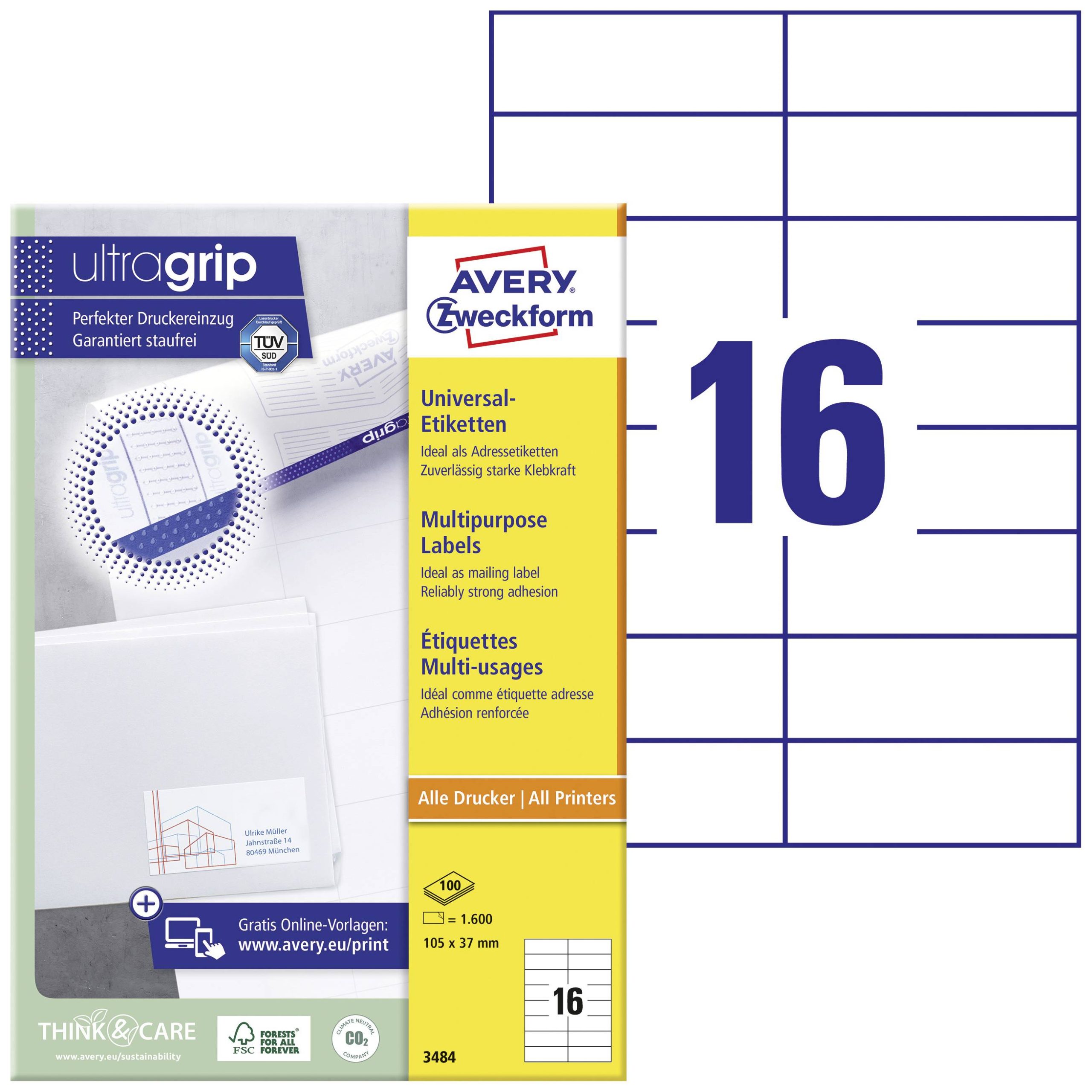 Avery-Zweckform 3484 Etykieta uniwersalna 105 x 37 mm Papier biały 1600 szt. Trwały Drukarka Laserowa, kolorowa, Drukark - obrazek 1