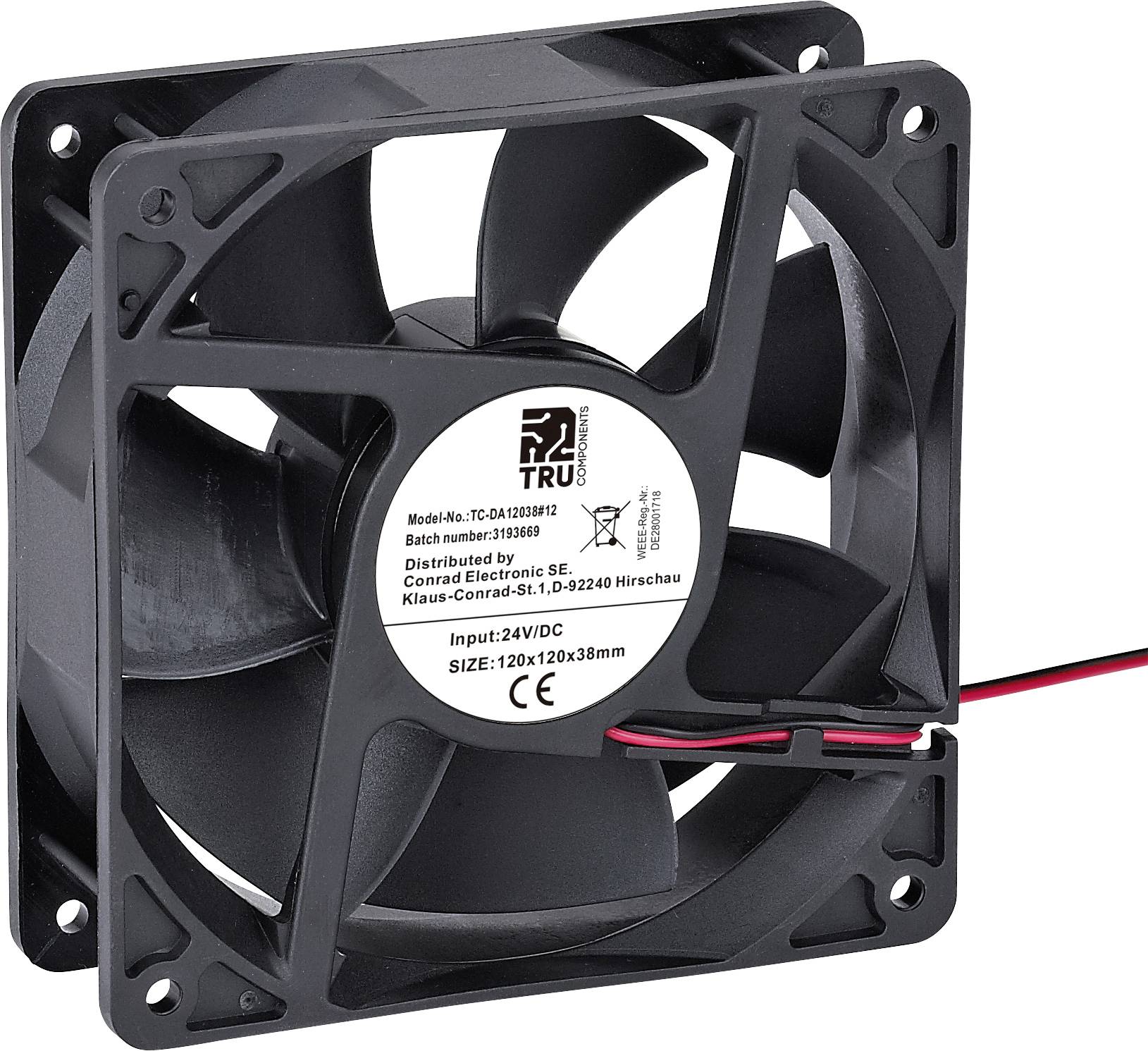 Wentylator osiowy TRU COMPONENTS TC-DA12038-12, 24 V/DC, 220.8 m³/h, (D x S x W) 120 x 120 x 38 mm - obrazek 1