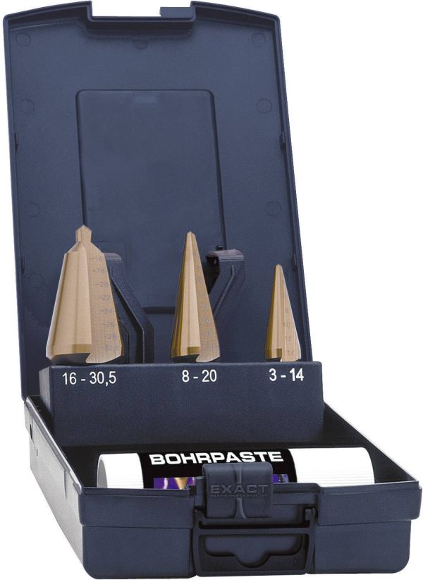 Exact 50105 Blechschälbohrersatz 3-30mm HSS TiN plus HSS Zestaw wierteł stożkowych bezstopniowych 3 szt. TiN uchwyt stan
