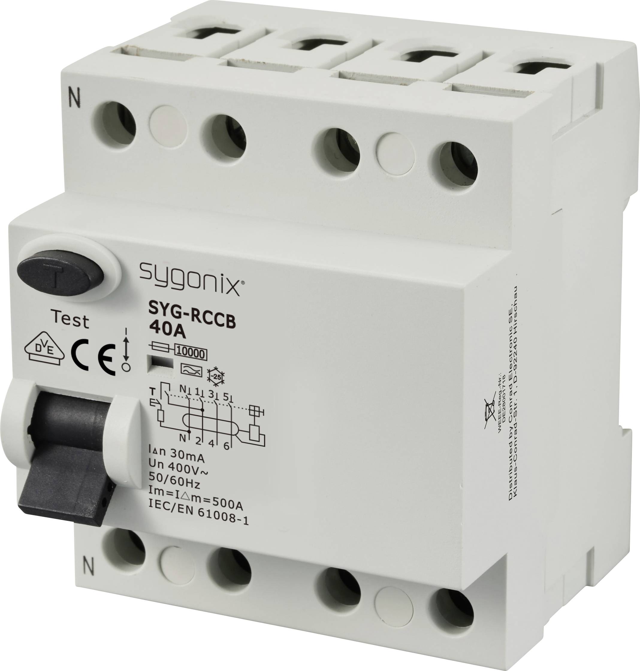 Wyłącznik różnicowoprądowy Sygonix SY-6438018, 4 styki, 40 A, 0.03 A, 400 V/AC - obrazek 1