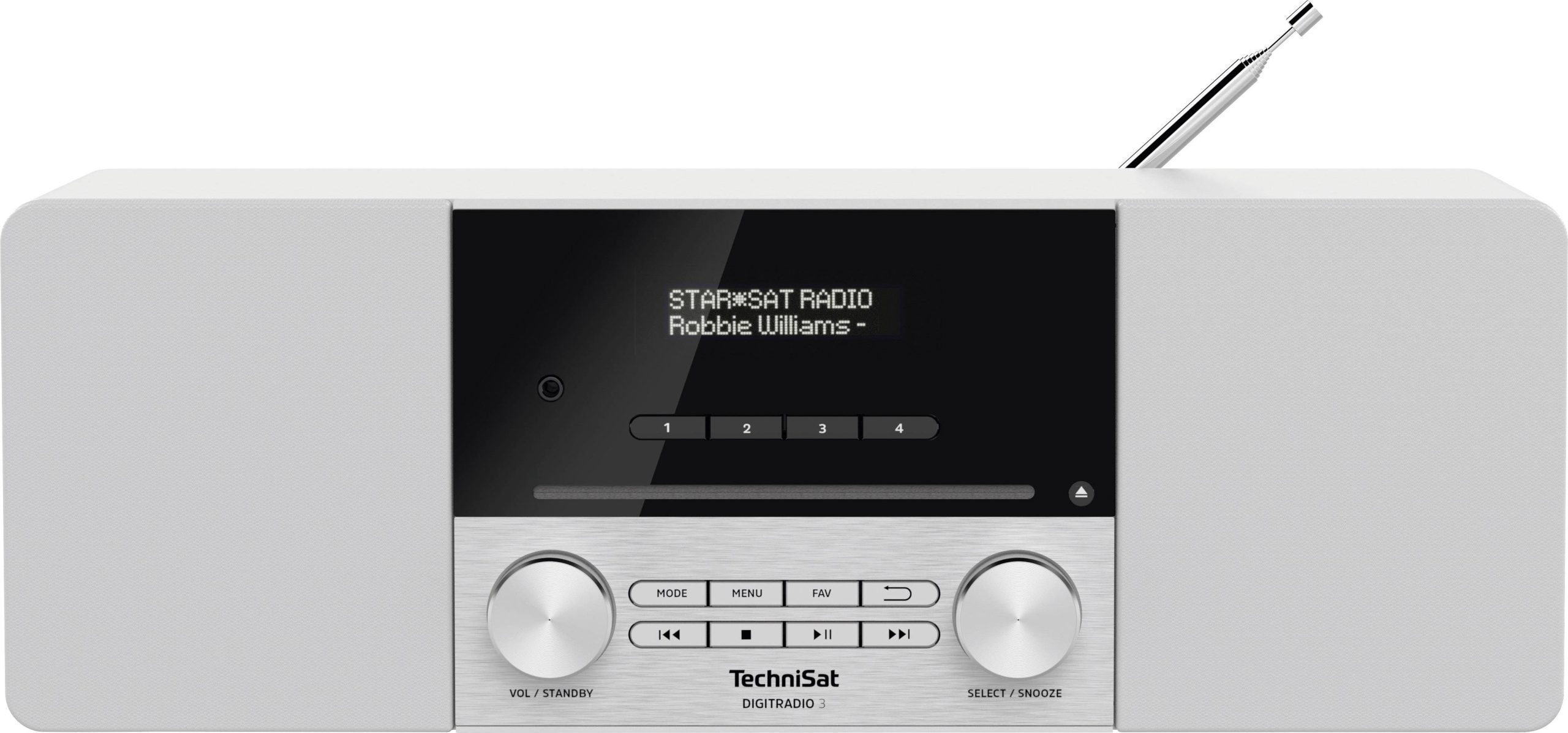 Radio TechniSat DIGITRADIO 3 DAB+, fale metrowe (VHF) z pilotem, funkcja budzika, funkcja ładowania akumulatora biały - obrazek 1