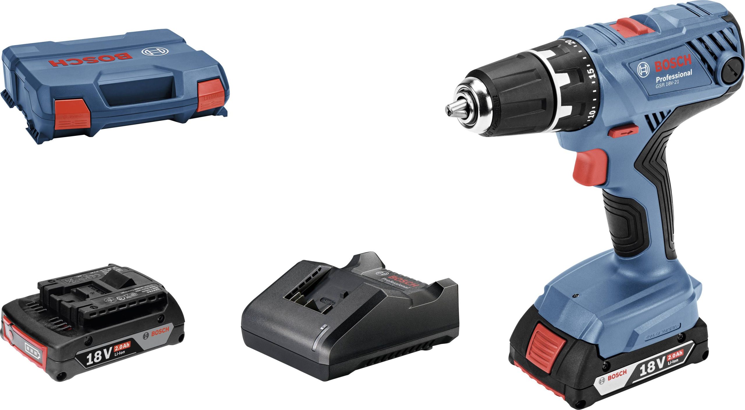 Wiertarko-wkrętarka akumulatorowa Bosch Professional GSR 18V-21 06019H100A 18 V 2.0 Ah zaw. 2 akumulatory, zaw. walizkę, - obrazek 1