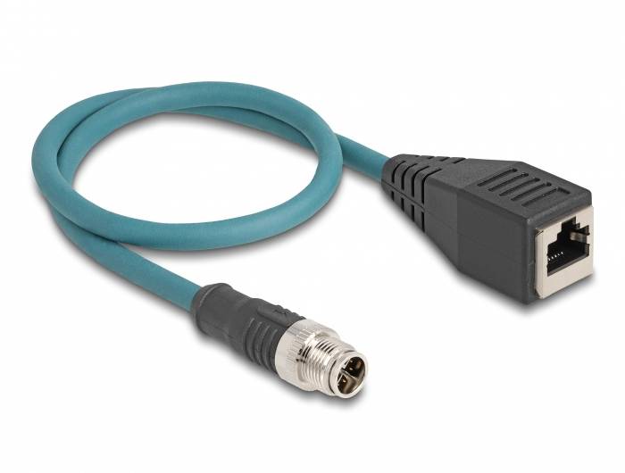 kabel LAN Delock 60071, 1 szt., RJ45, M12, S/FTP, 0.50 m, turkusowy - obrazek 1