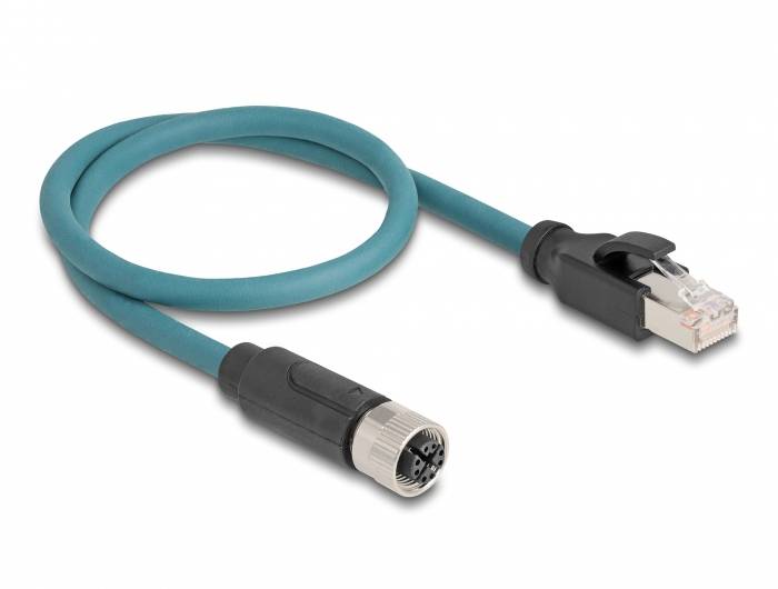 kabel LAN Delock 60076, 1 szt., RJ45, M12, S/FTP, 0.50 m, turkusowy - obrazek 1