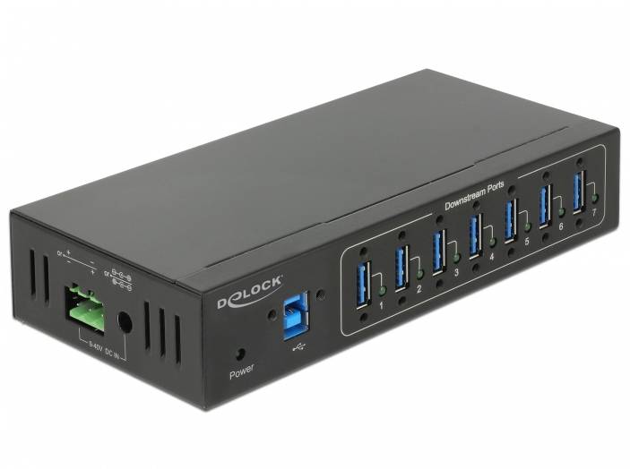 Delock 63311 USB-Hub 7 Portów USB-A, Gniazdo DC 3,5 mm USB 3.2 Gen1 5 GBit/s czarny 63311 - obrazek 1