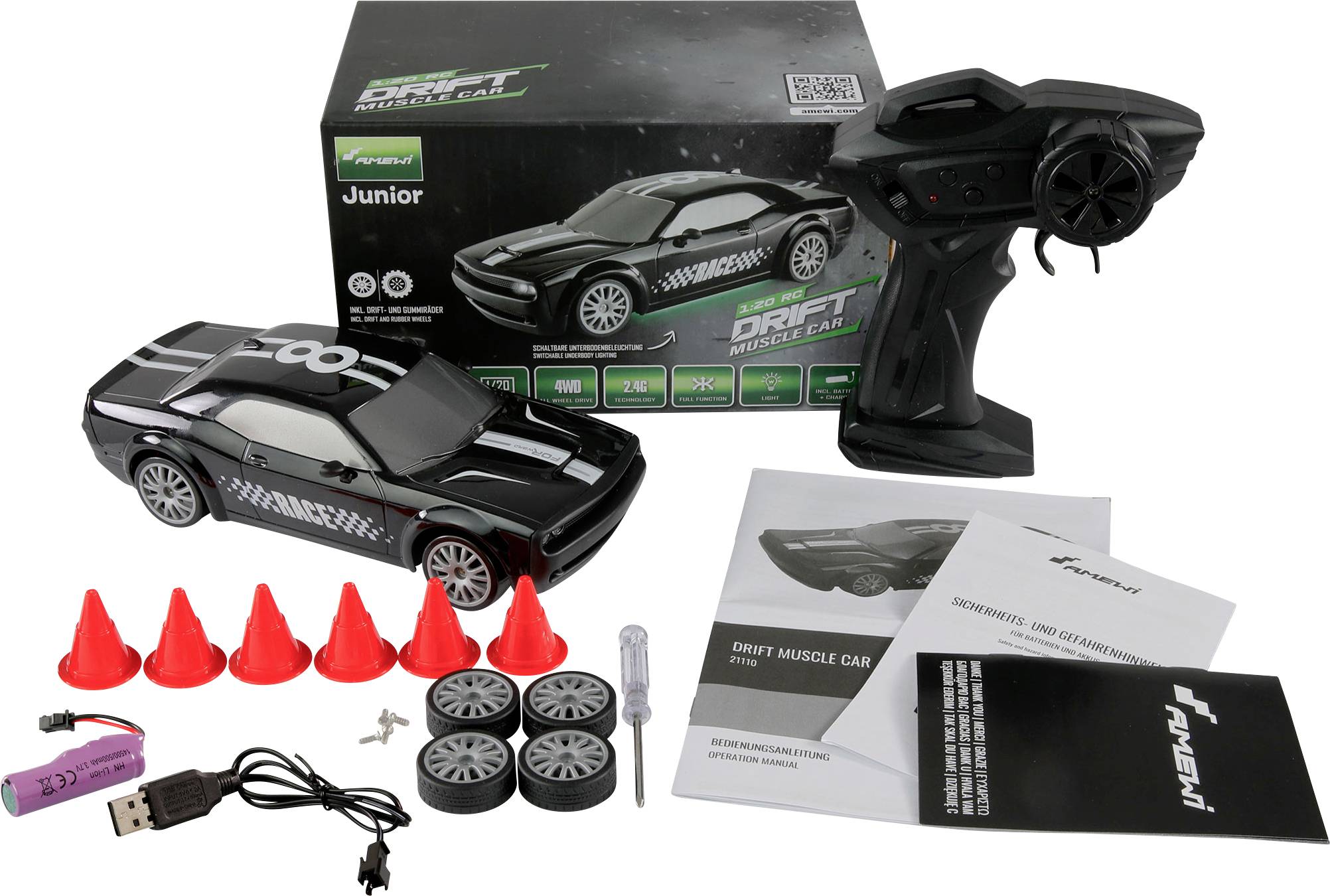 Amewi 21110 Drift Muscle 1:20 Samochód RC dla początkujących Elektryczny Samochód sportowy Napęd na wszystkie koła - obrazek 1