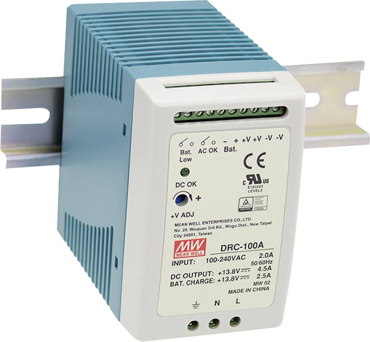 Zasilacz na szynę DIN MEAN WELL DRC-100A, 13.8/13.8 V, 4.5 A, 96 W - obrazek 1