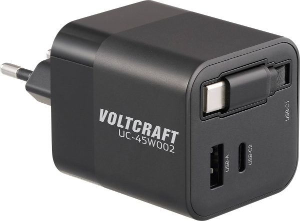 VOLTCRAFT UC-45W002 Ładowarka USB 45 W 1x USB-A, 2x USB-C® Power Delivery czarny dom GaN, USB Power Delivery (USB-PD), S