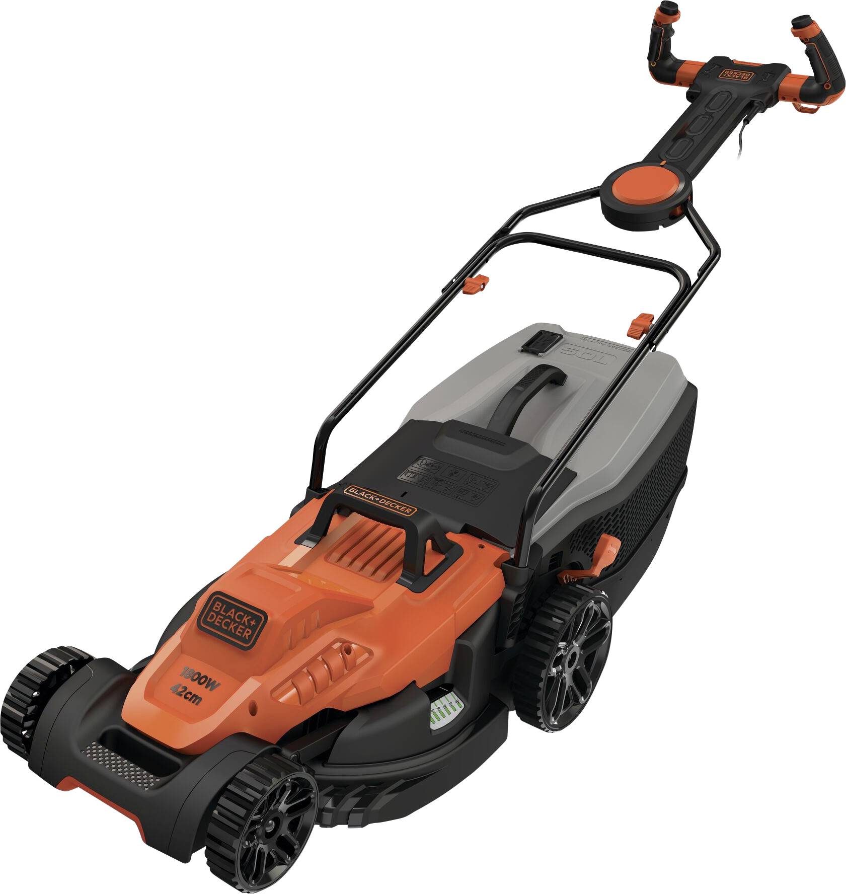 Black & Decker elektryczny Kosiarka z regulacją wysokości koszenia, Uchwyt z regulacją wysokości z funkcją składania 180 - obrazek 1