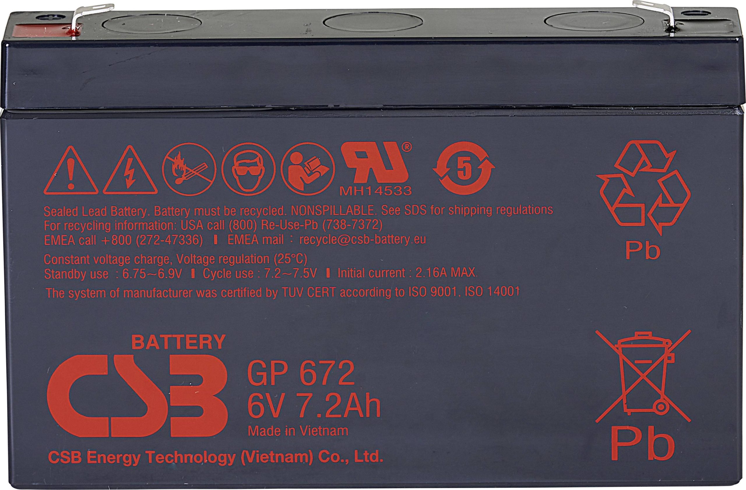 Akumulator ołowiowy CSB Battery GP 672 Standby USV GP672F1, AGM, 6 V, 7.2 Ah - obrazek 1