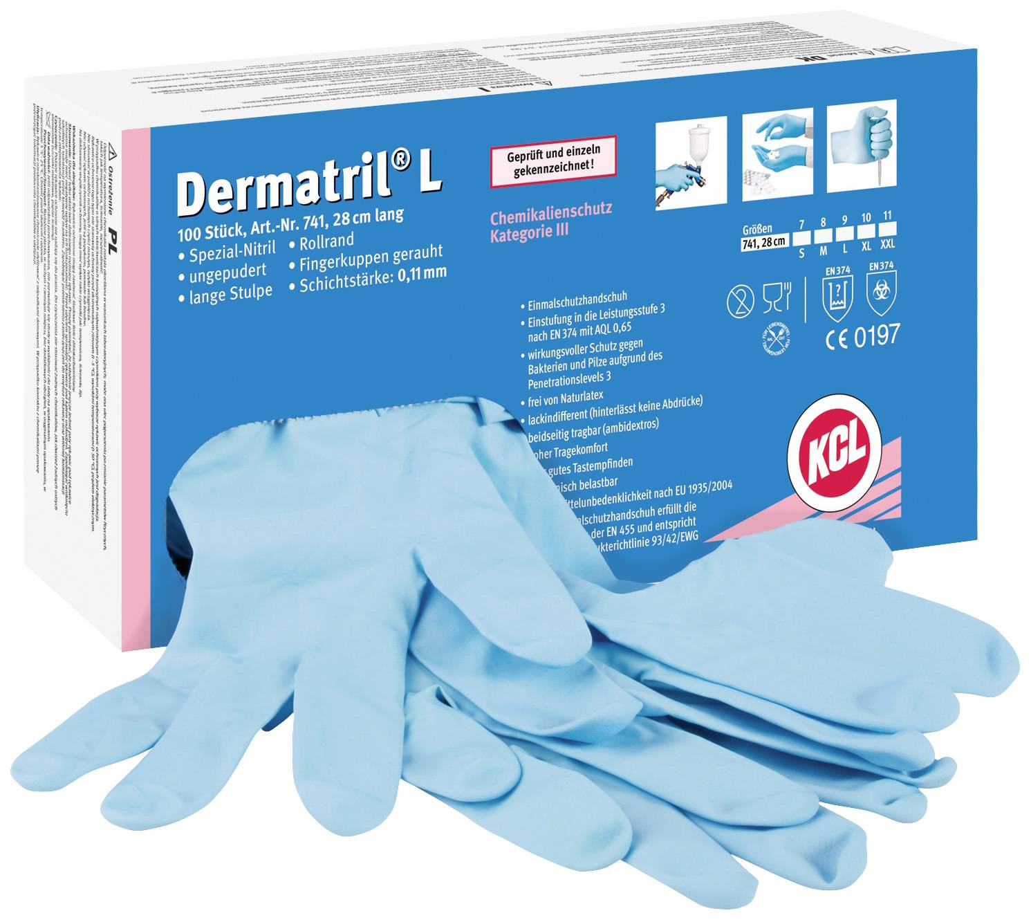 KCL Dermatril L 741 074107081C 100 szt. Rękawice jednorazowe Rozmiar rękawic: 7 EN 455 - obrazek 1