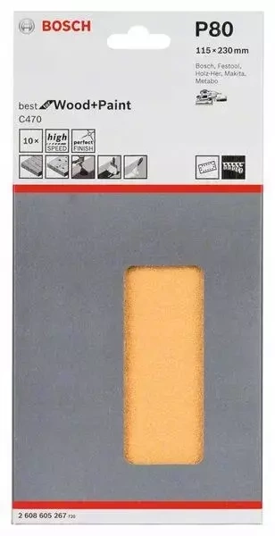 Papier ścierny do szlifierki oscylacyjnejdo drewna Bosch 230 mm x 110 mm P80 2608605267