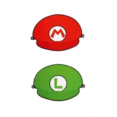 Amscan 9901544 czapki imprezowe Super Mario, 8 sztuk, rozmiar 18,1 x 12,4 cm, 2 różne motywy, zielony, czerwony, Luigi, papierowa czapka, prezent na prezent, urodziny, karnawał, impreza dla dzieci, - obrazek 1